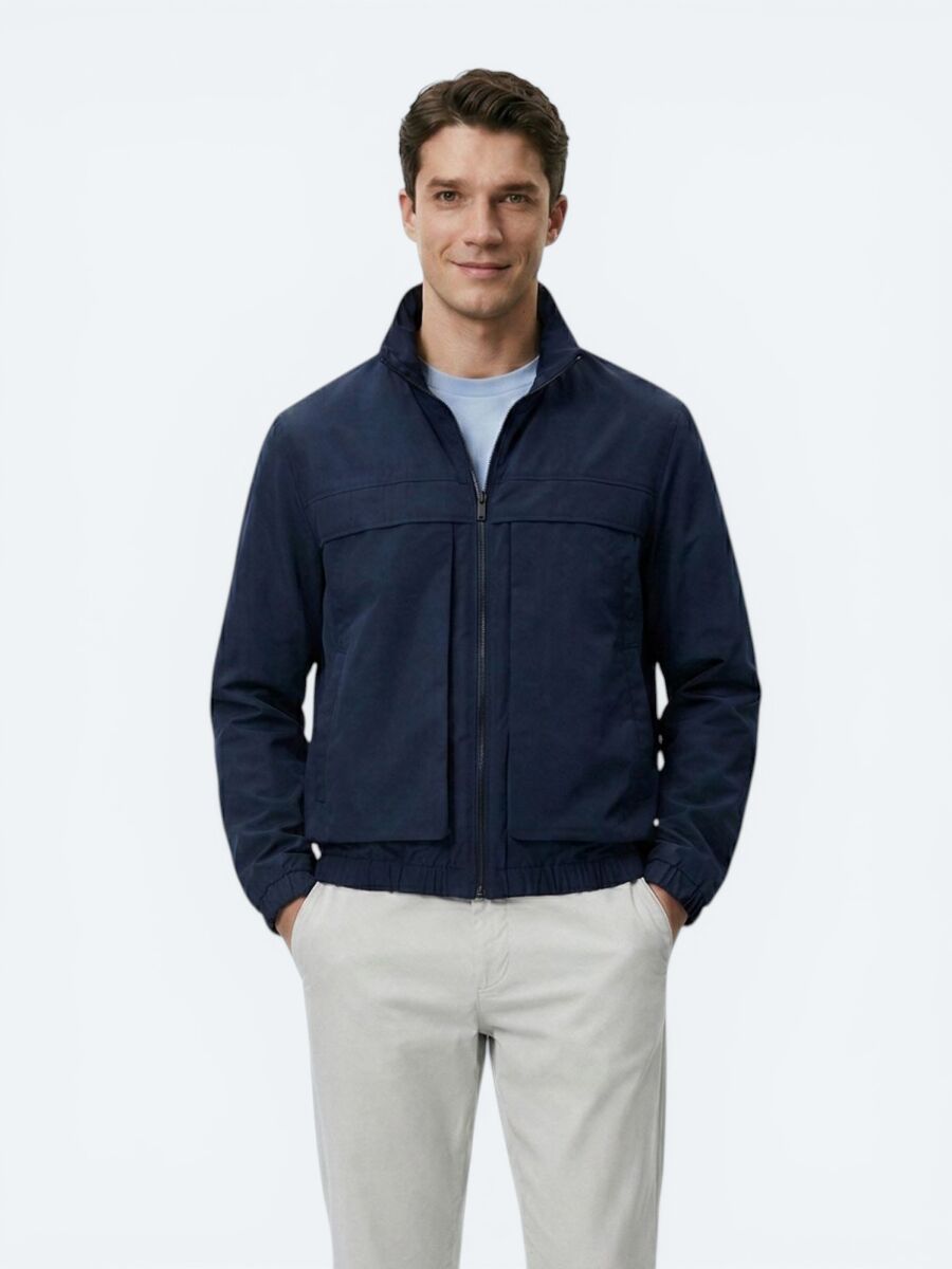 Navy Blue Relaxed Fit Turtleneck Casual Weaving Coat - 1