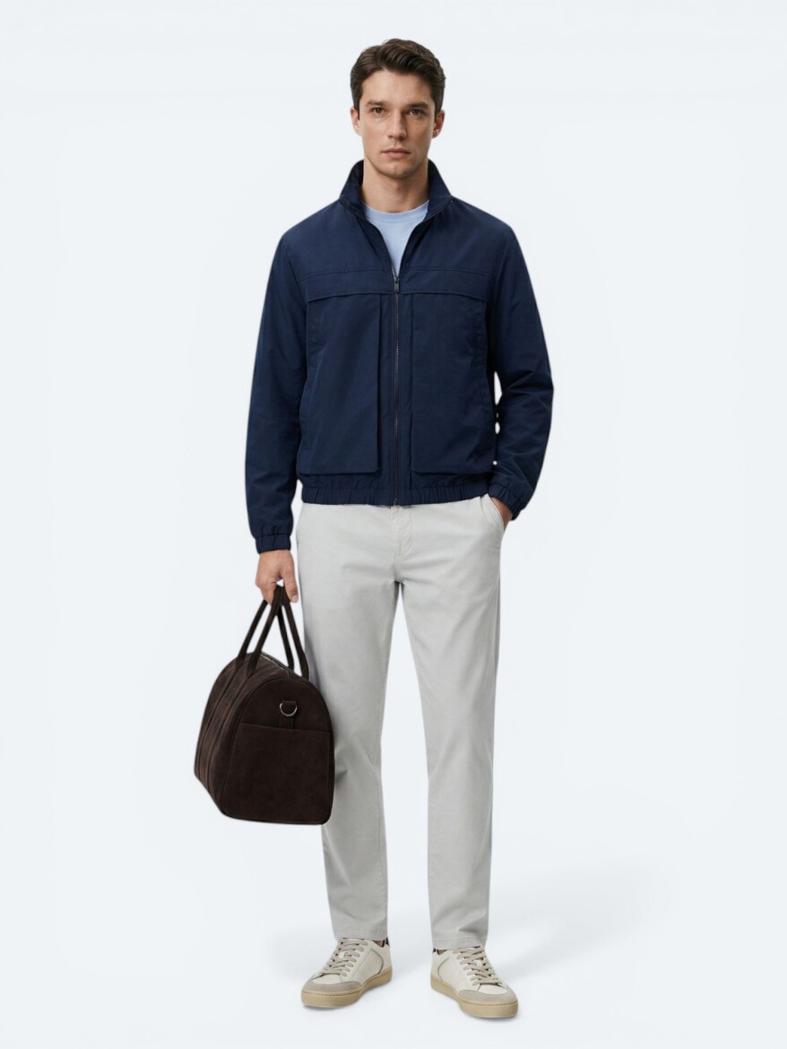 Navy Blue Relaxed Fit Turtleneck Casual Weaving Coat - 4