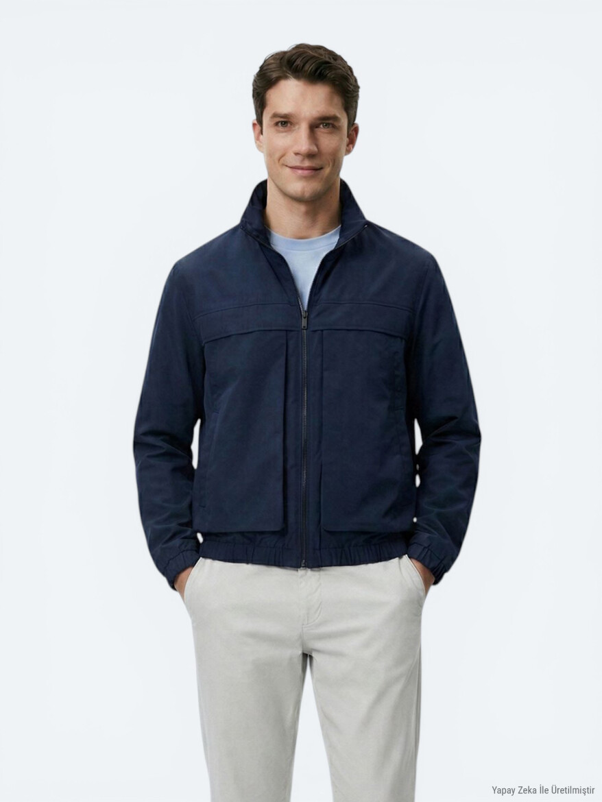 Navy Blue Relaxed Fit Turtleneck Casual Weaving Coat - KİP