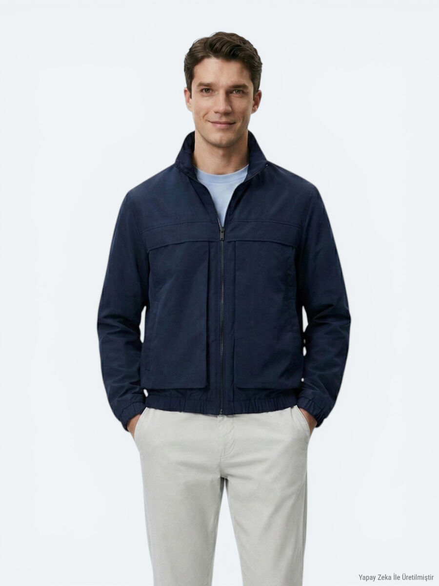 Navy Blue Relaxed Fit Turtleneck Casual Weaving Coat - 1