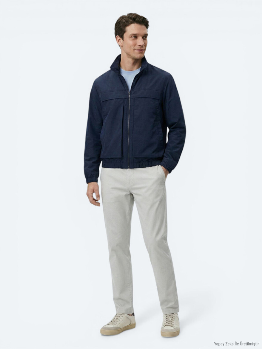 Navy Blue Relaxed Fit Turtleneck Casual Weaving Coat - KİP