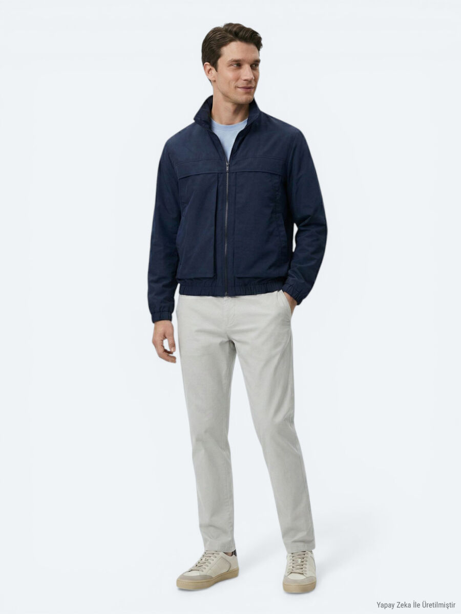 Navy Blue Relaxed Fit Turtleneck Casual Weaving Coat - 2