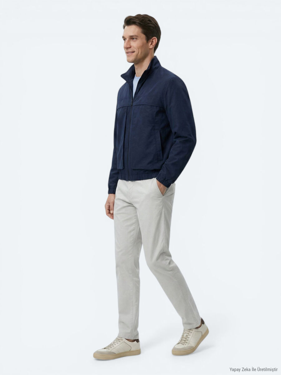Navy Blue Relaxed Fit Turtleneck Casual Weaving Coat - 3