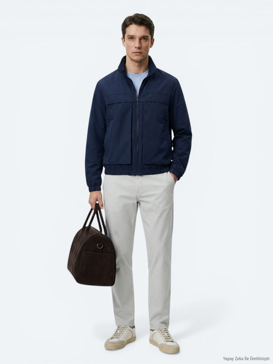 Navy Blue Relaxed Fit Turtleneck Casual Weaving Coat - 4