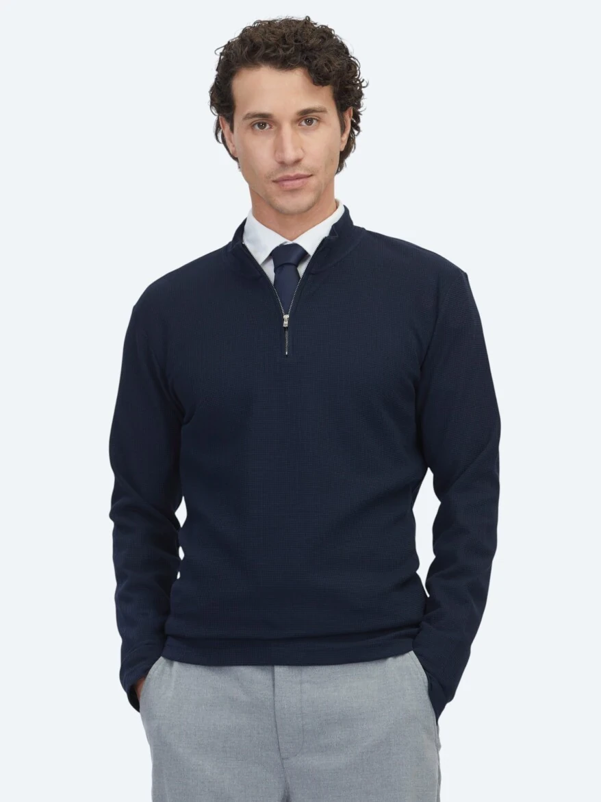 Navy Blue Ribbed Crew Neck T-Shirt - 1