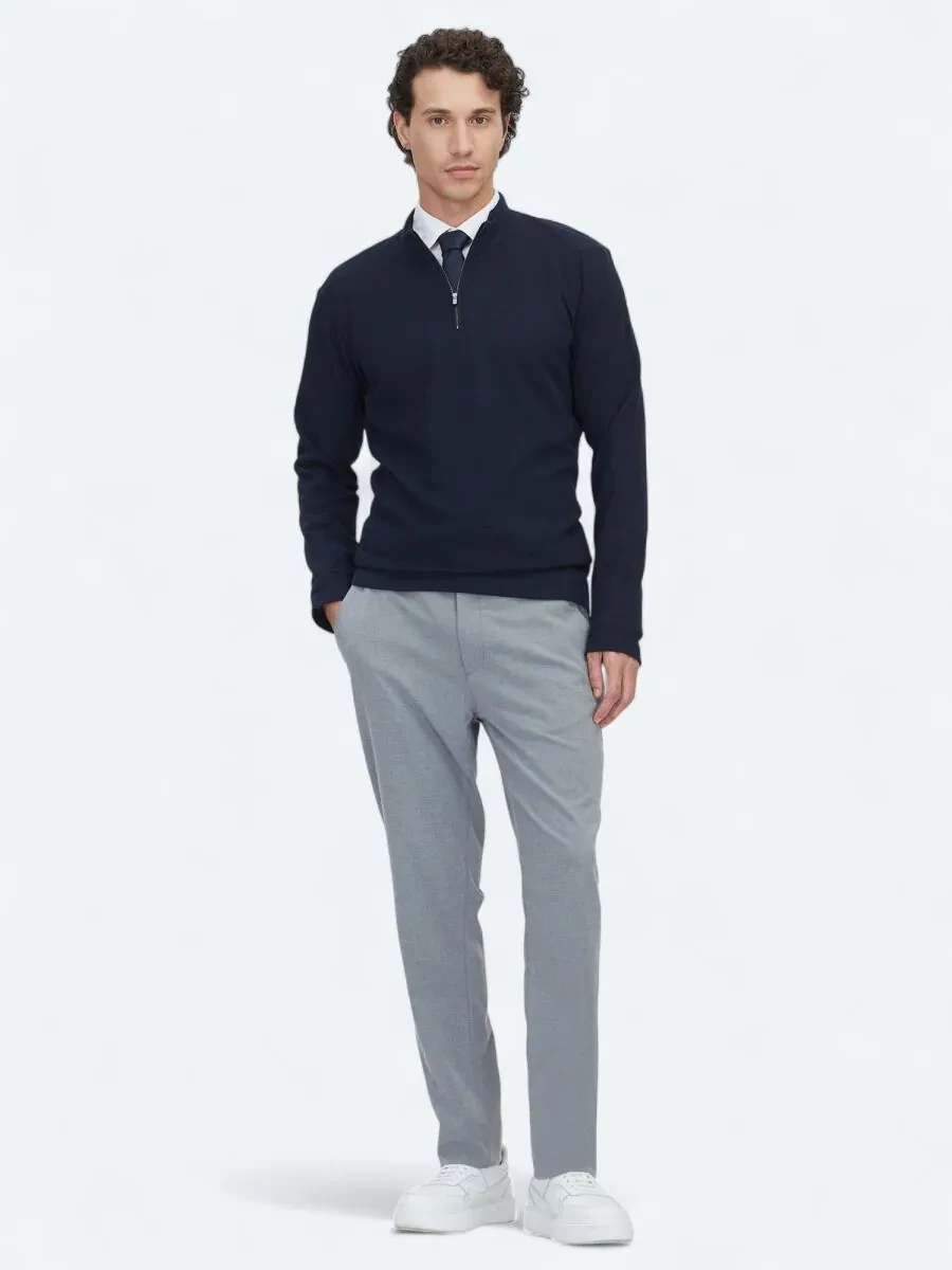 Navy Blue Ribbed Crew Neck T-Shirt - 2