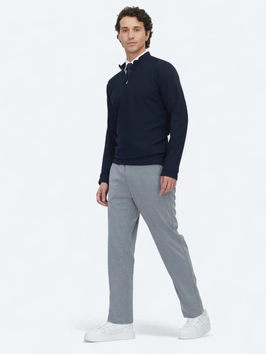 Navy Blue Ribbed Crew Neck T-Shirt - 3