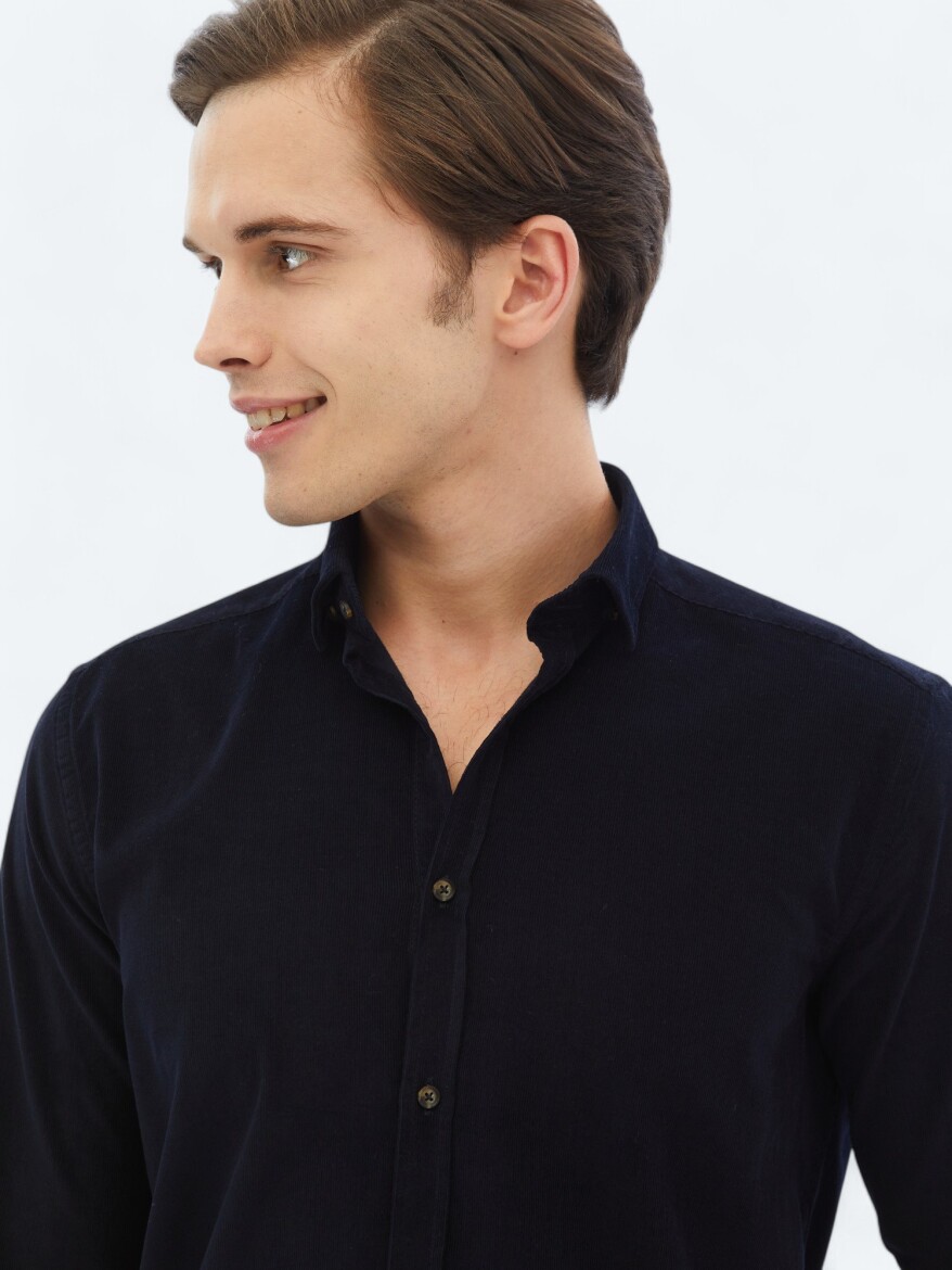 Navy Blue Ribbed Regular Fit Long Weaving Casual 100% Cotton Shirt - 3