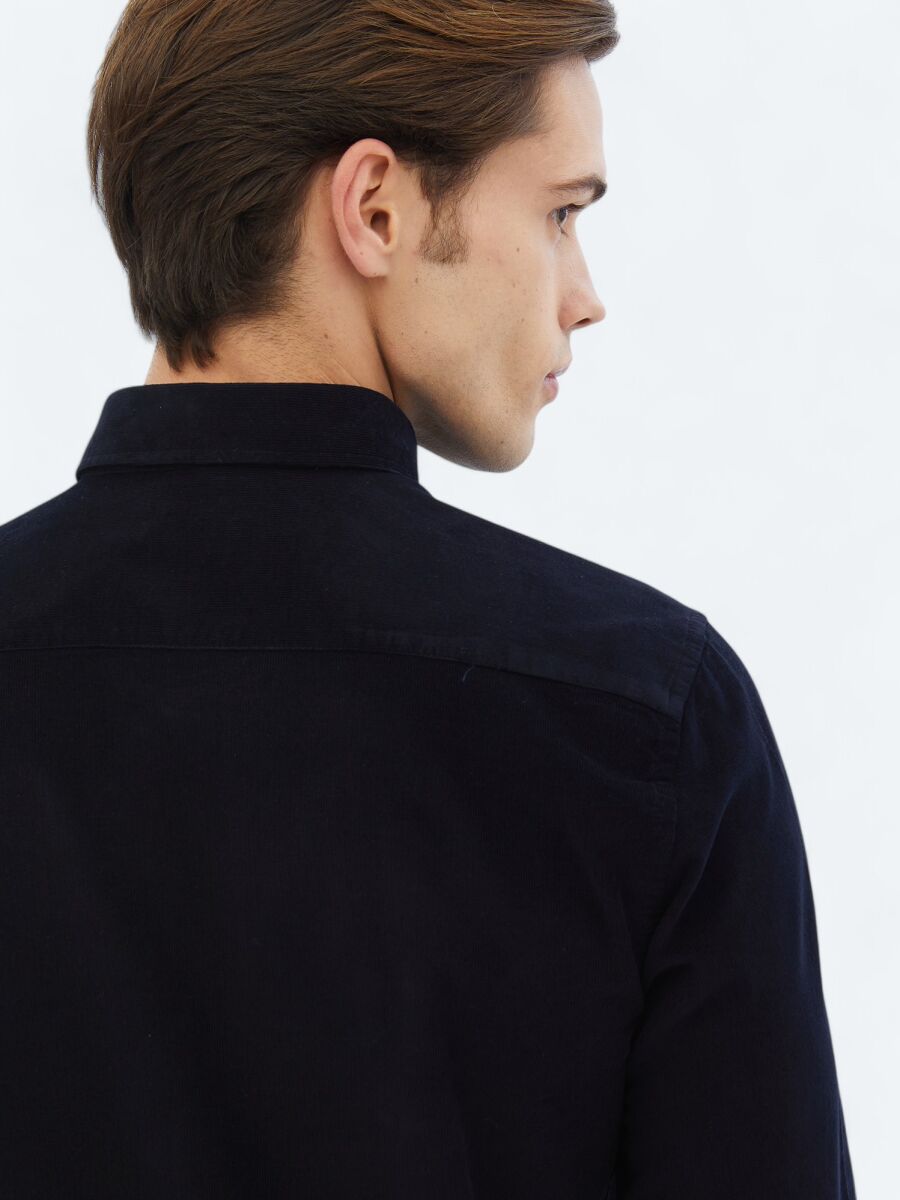 Navy Blue Ribbed Regular Fit Long Weaving Casual 100% Cotton Shirt - 4