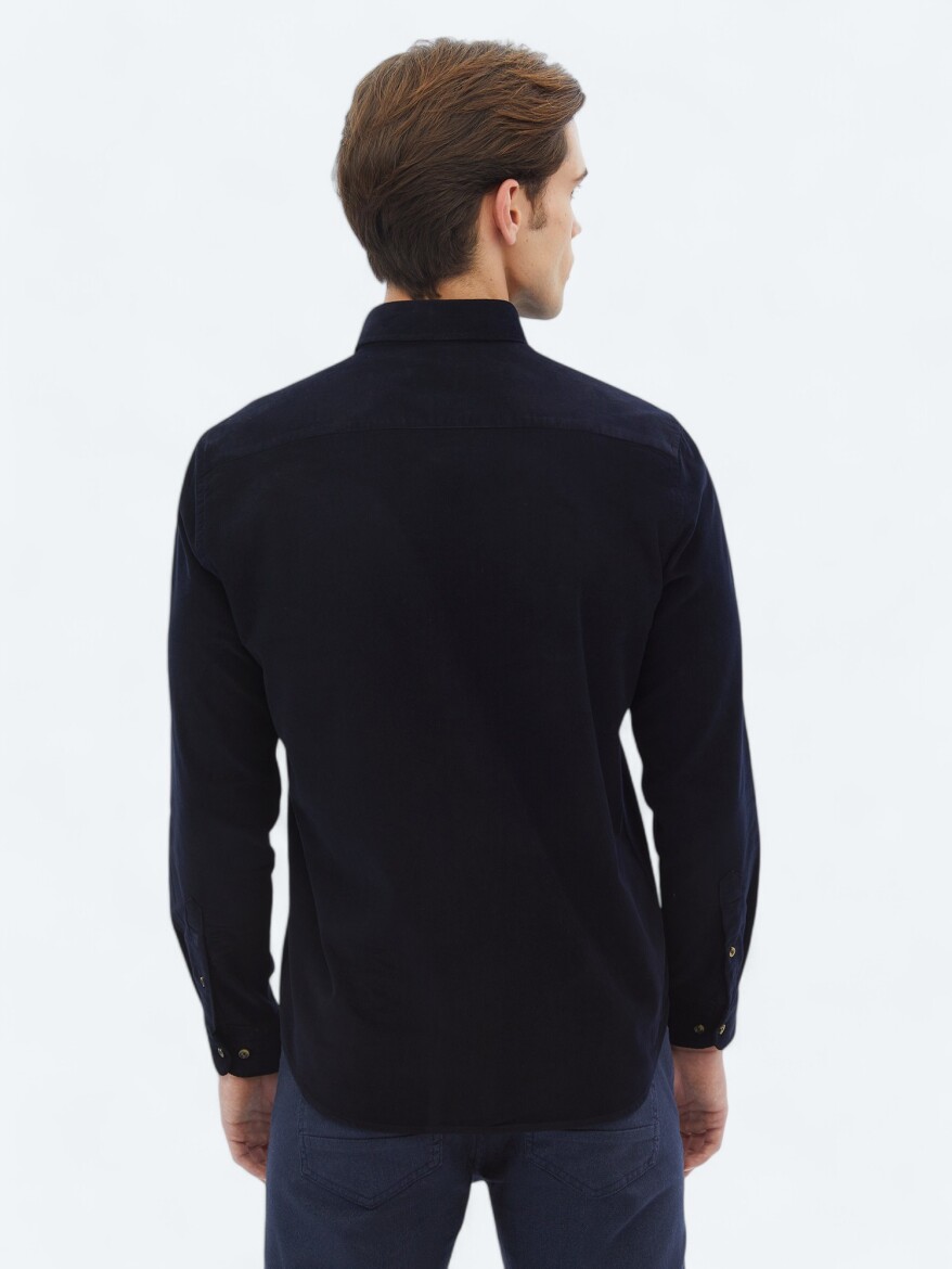 Navy Blue Ribbed Regular Fit Long Weaving Casual 100% Cotton Shirt - 5