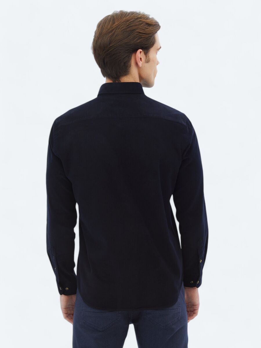 Navy Blue Ribbed Regular Fit Long Weaving Casual 100% Cotton Shirt - 5