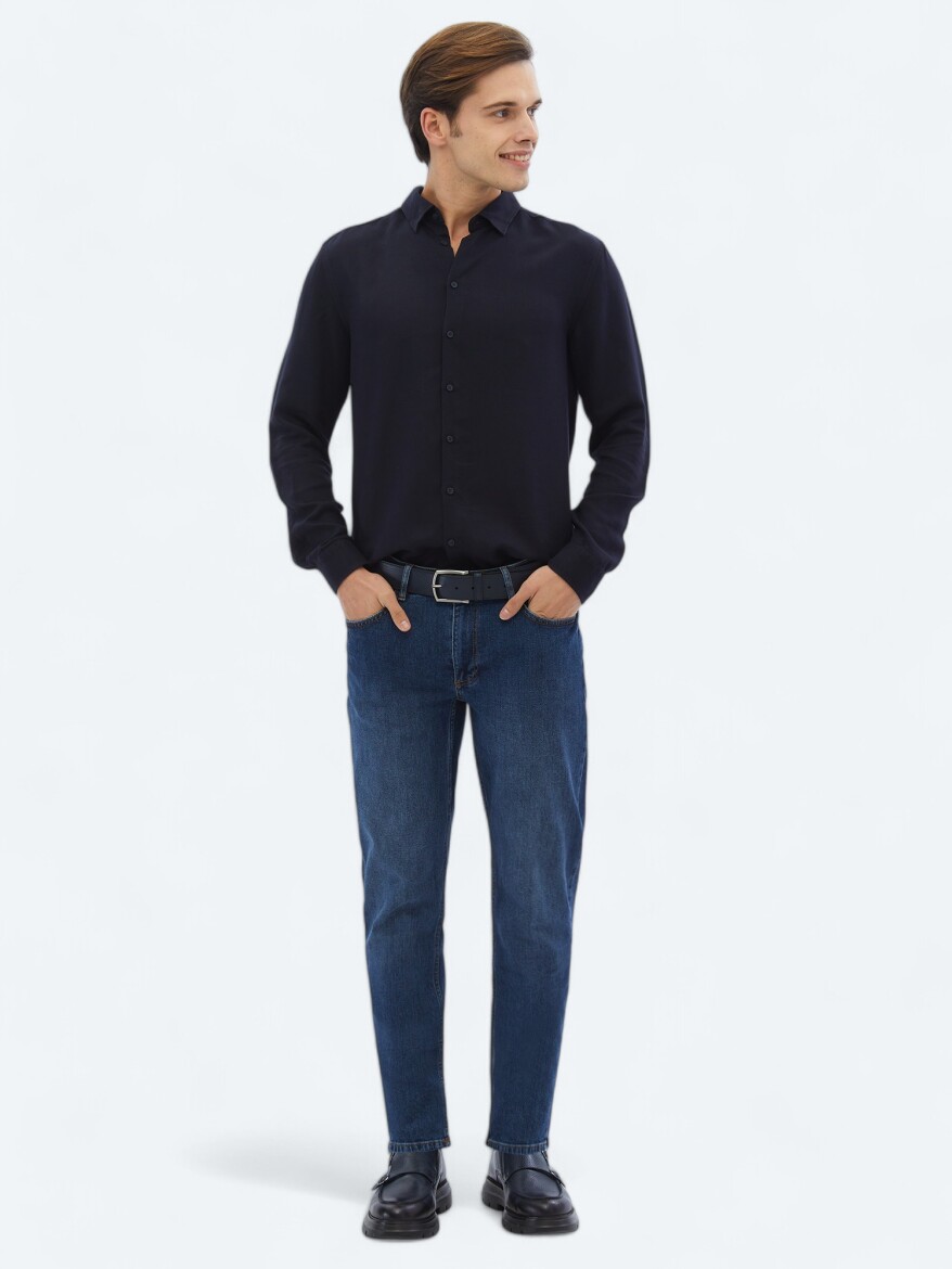 Navy Blue Ribbed Regular Fit Long Weaving Casual Shirt - 2