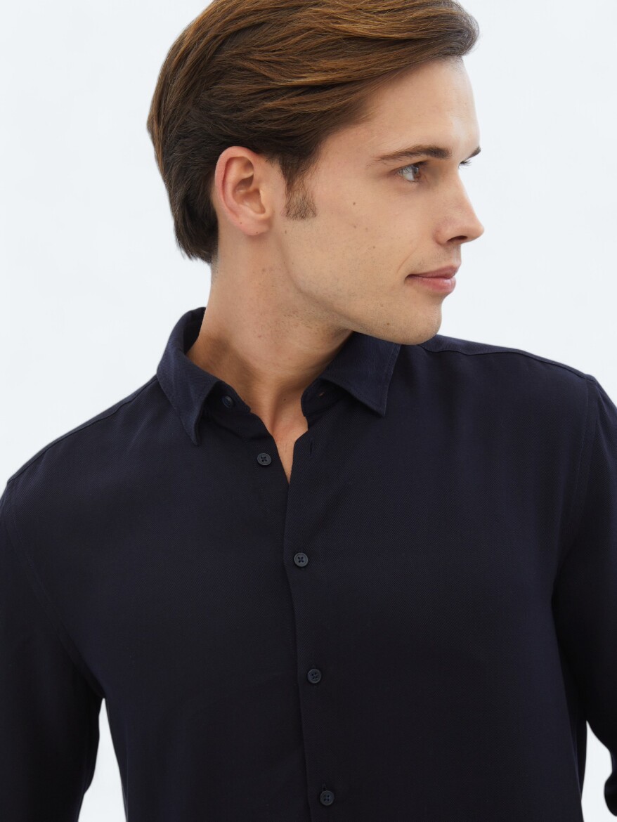 Navy Blue Ribbed Regular Fit Long Weaving Casual Shirt - 3