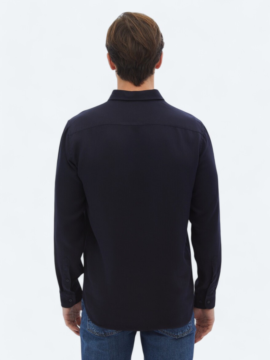 Navy Blue Ribbed Regular Fit Long Weaving Casual Shirt - 4
