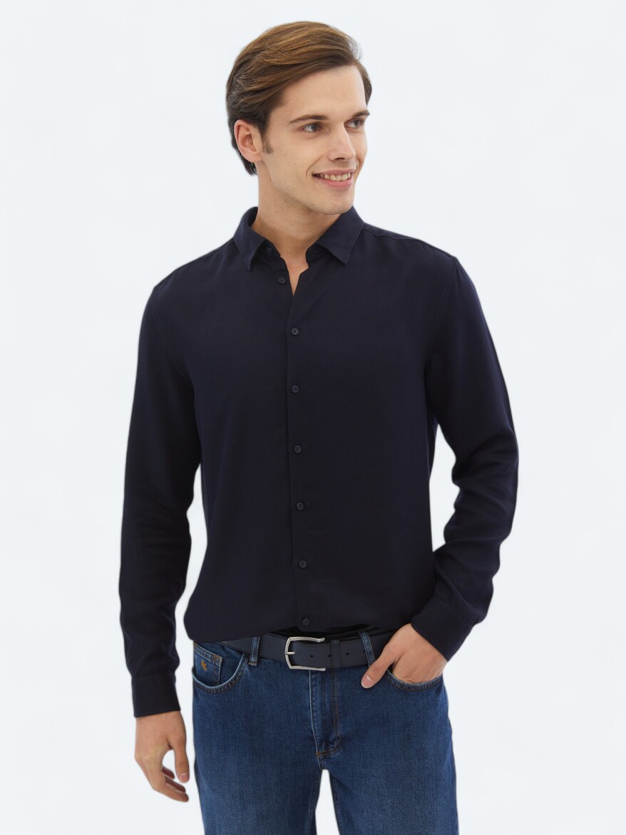 Navy Blue Ribbed Regular Fit Weaving Casual Shirt - 1