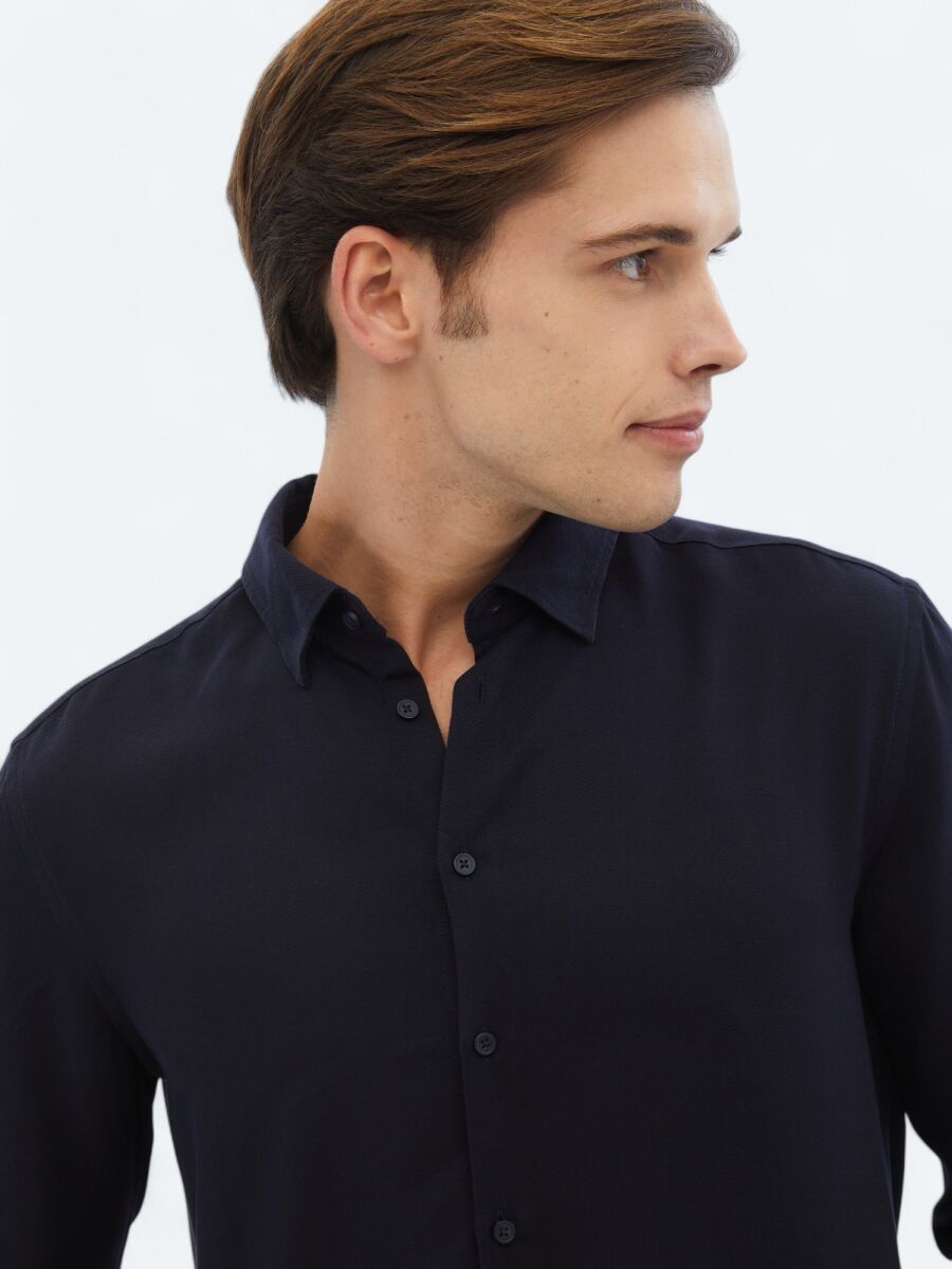 Navy Blue Ribbed Regular Fit Weaving Casual Shirt - 3
