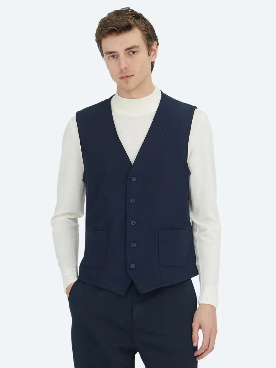 Navy Blue Slim Fit Butterfly Collar Classical Waistcoat - 1
