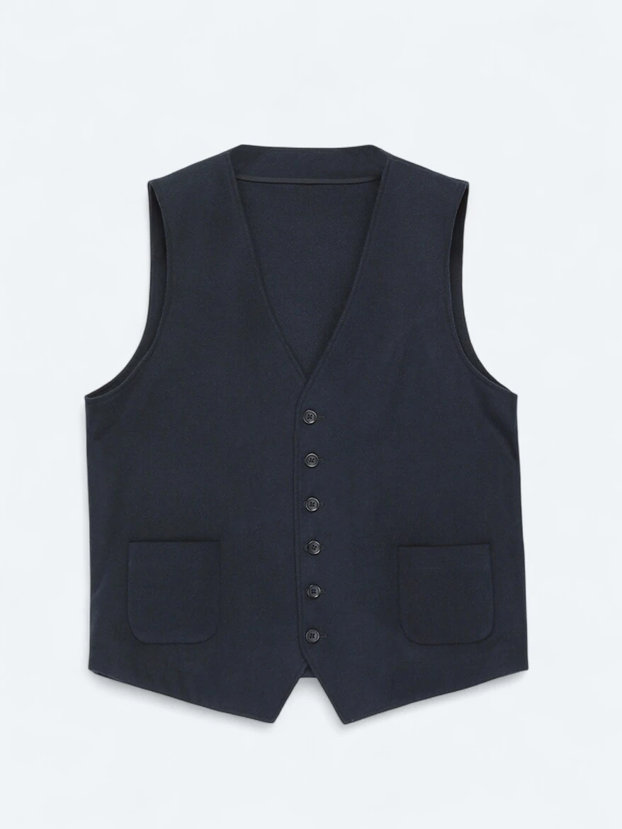 Navy Blue Slim Fit Butterfly Collar Classical Waistcoat - 5