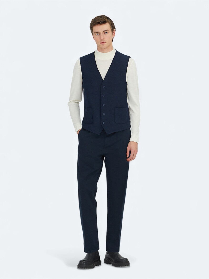 Navy Blue Slim Fit Butterfly Collar Classical Waistcoat - 2