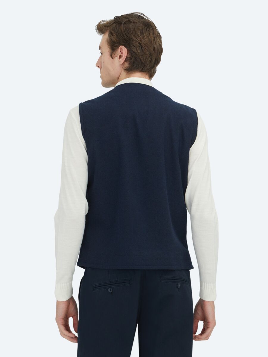 Navy Blue Slim Fit Butterfly Collar Classical Waistcoat - 4