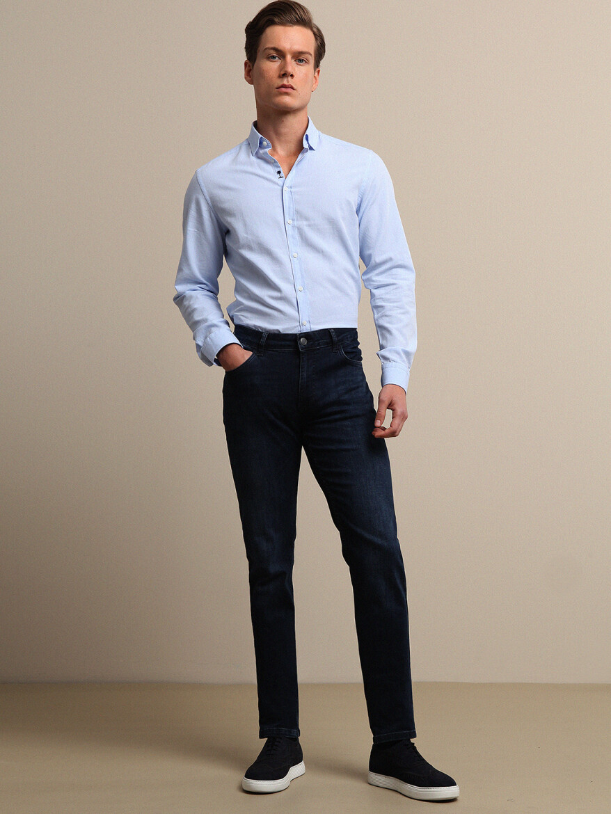 Navy Blue Slim Fit Denim Cotton Blended Trousers - 1