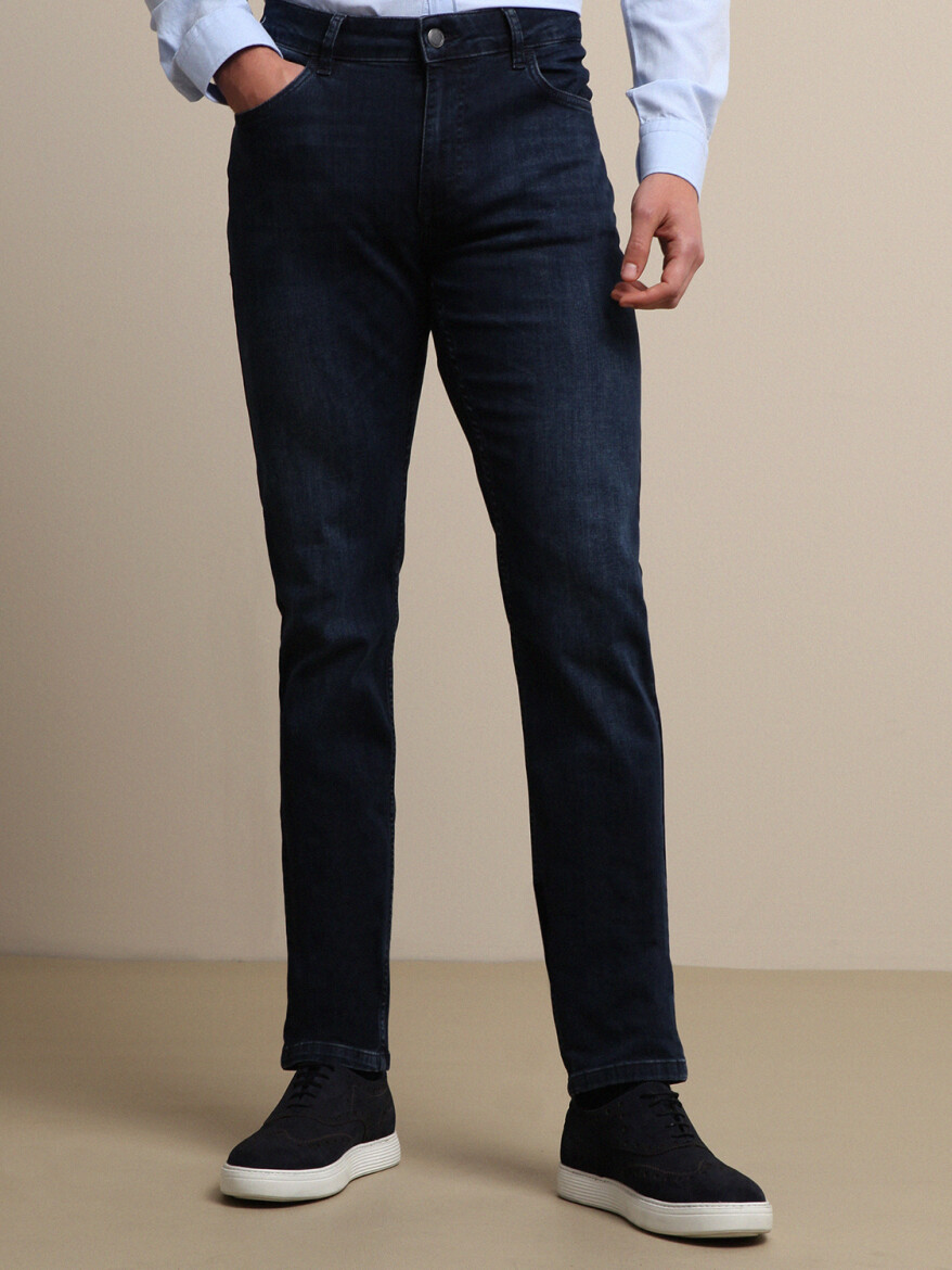 Navy Blue Slim Fit Denim Cotton Blended Trousers - 2