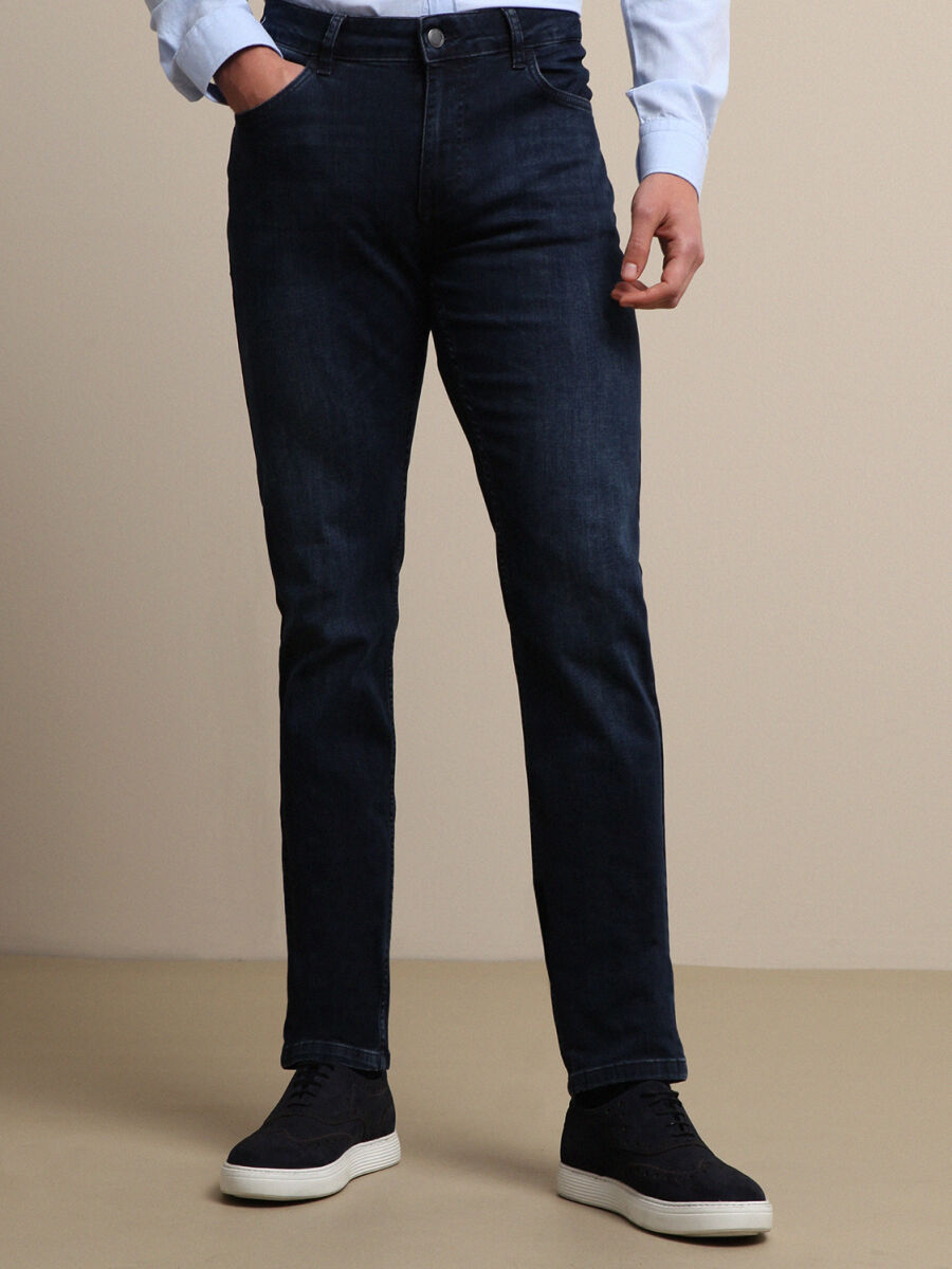 Navy Blue Slim Fit Denim Cotton Blended Trousers - 2