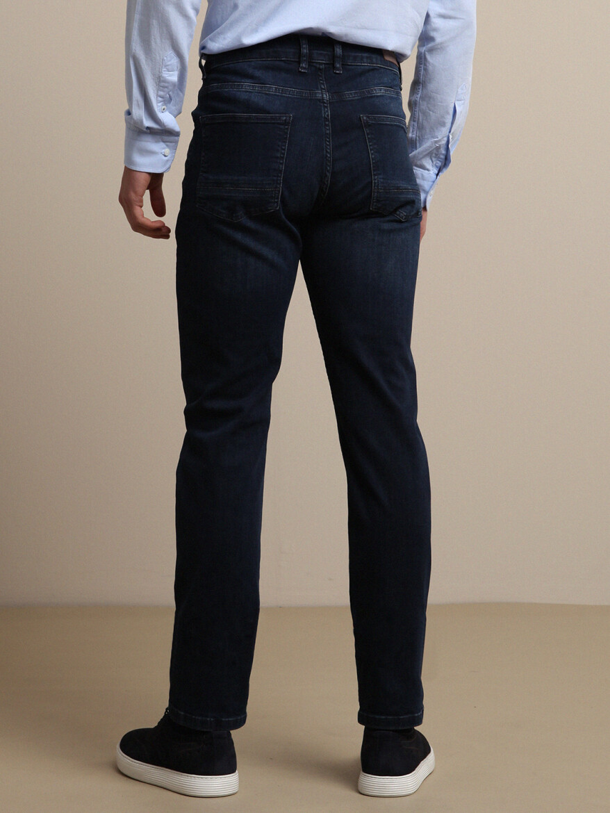 Navy Blue Slim Fit Denim Cotton Blended Trousers - 4