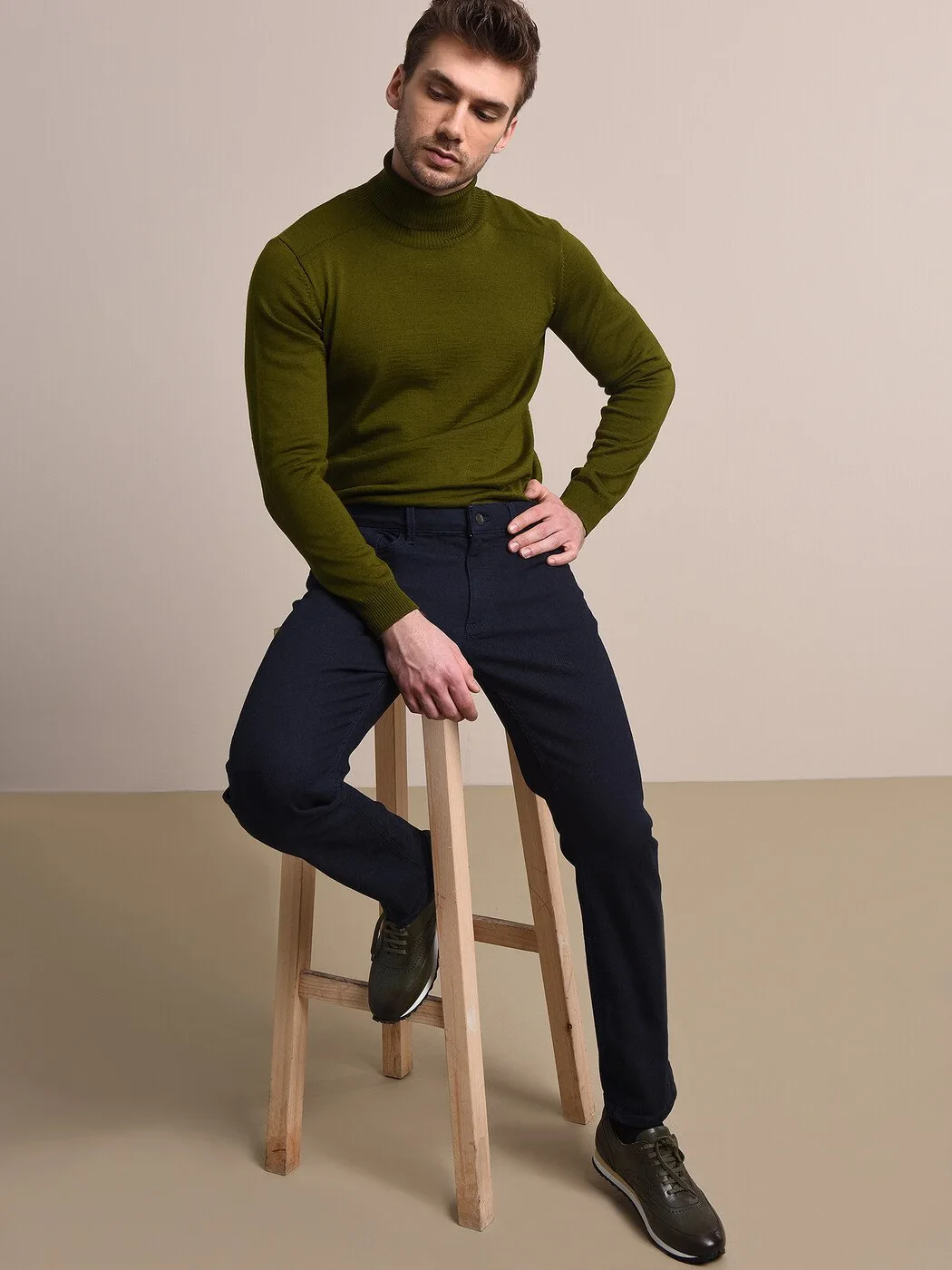 Navy Blue Slim Fit Denim Cotton Blended Trousers - 1
