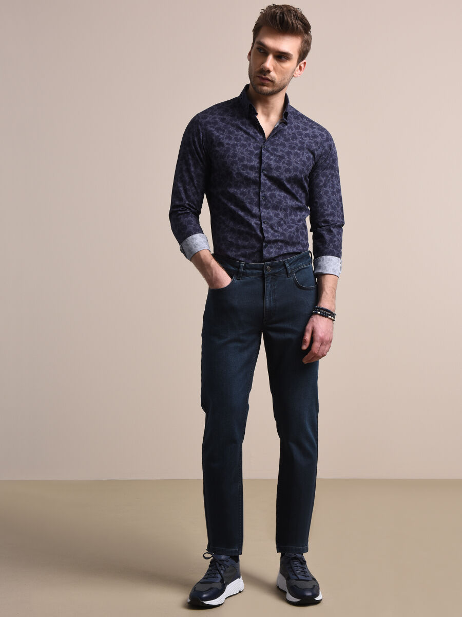 Navy Blue Slim Fit Denim Cotton Blended Trousers - 1