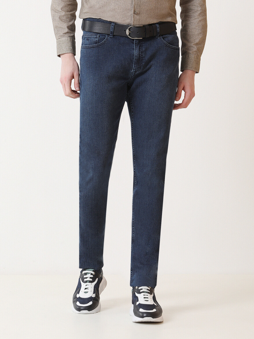 Navy Blue Slim Fit Denim Cotton Blended Trousers - 1