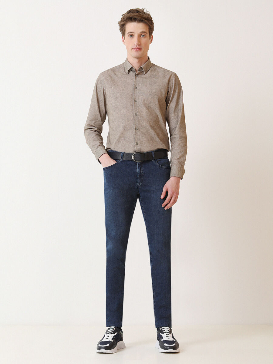 Navy Blue Slim Fit Denim Cotton Blended Trousers - 2