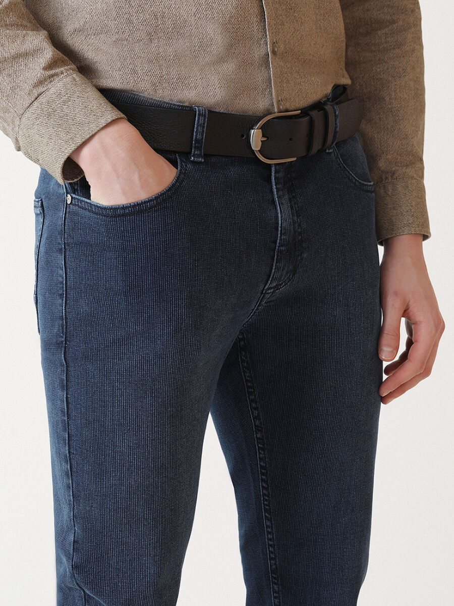 Navy Blue Slim Fit Denim Cotton Blended Trousers - 3