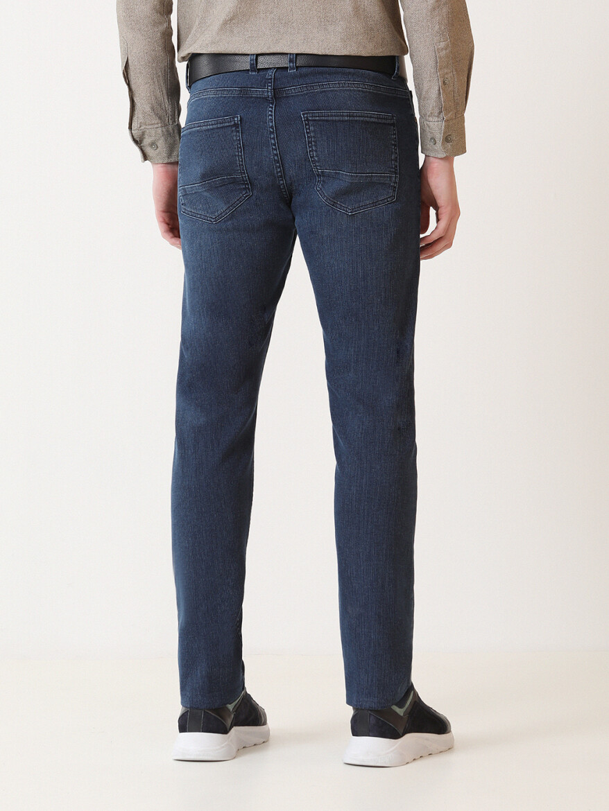 Navy Blue Slim Fit Denim Cotton Blended Trousers - 4
