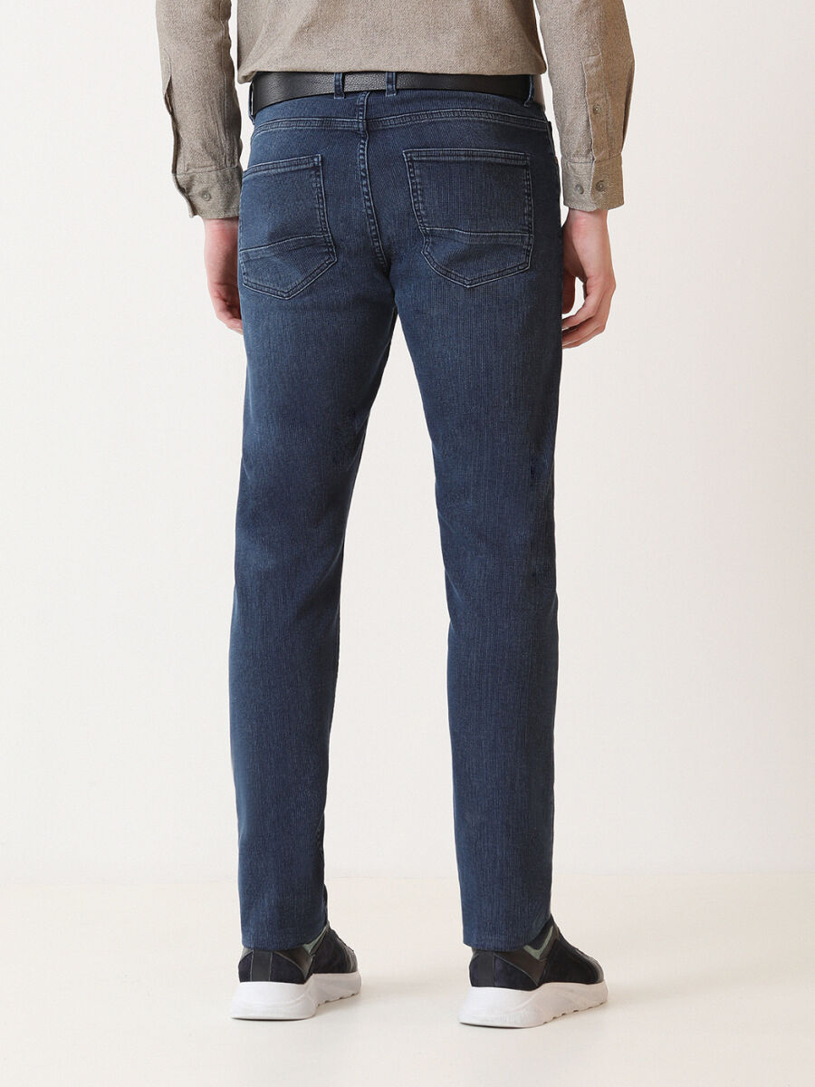 Navy Blue Slim Fit Denim Cotton Blended Trousers - 4