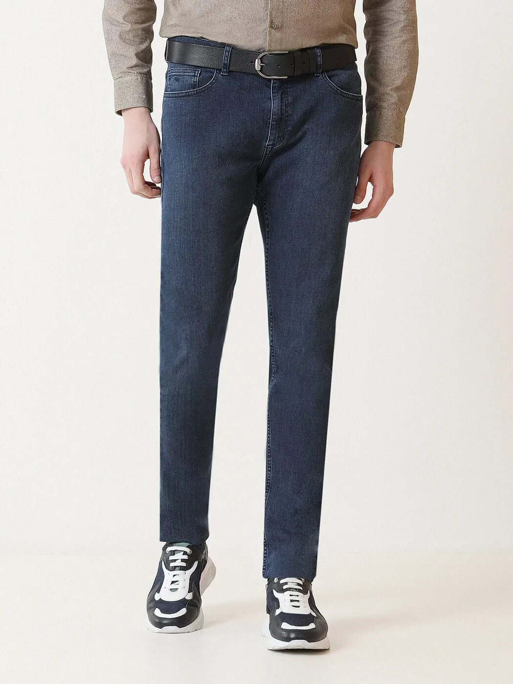 Navy Blue Slim Fit Denim Cotton Blended Trousers - 1