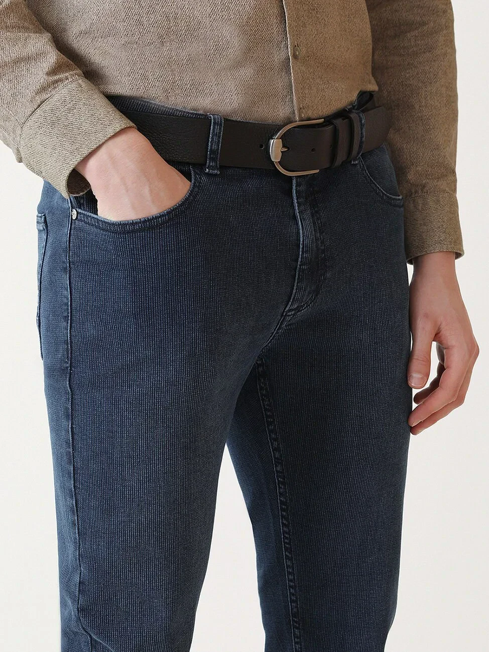 Navy Blue Slim Fit Denim Cotton Blended Trousers - 3