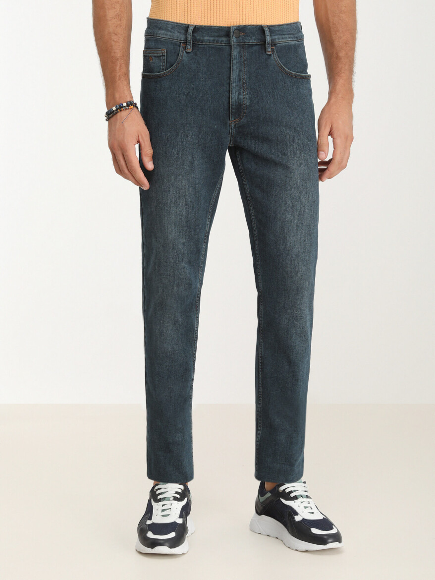Navy Blue Slim Fit Denim Cotton Blended Trousers - 1