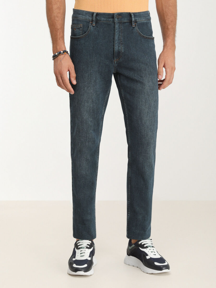 Navy Blue Slim Fit Denim Cotton Blended Trousers - 1