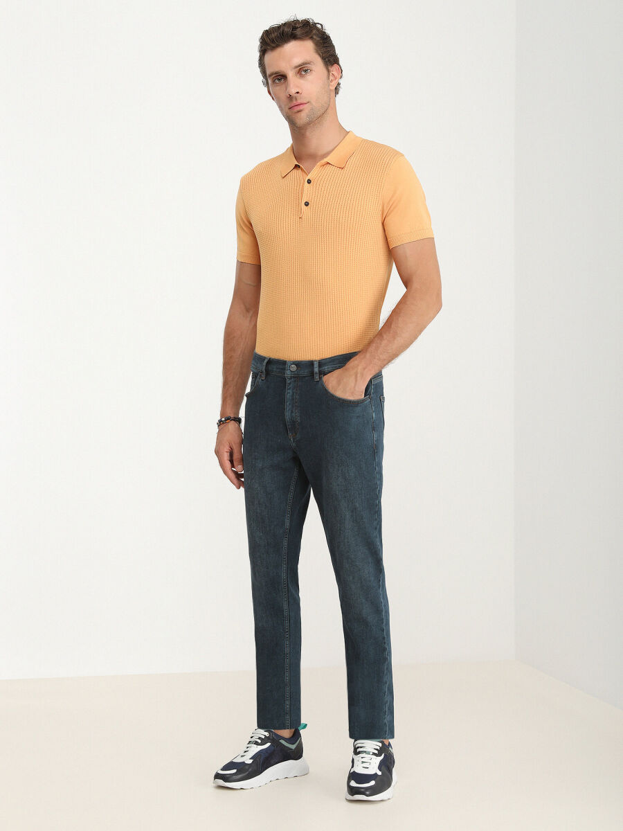 Navy Blue Slim Fit Denim Cotton Blended Trousers - 2