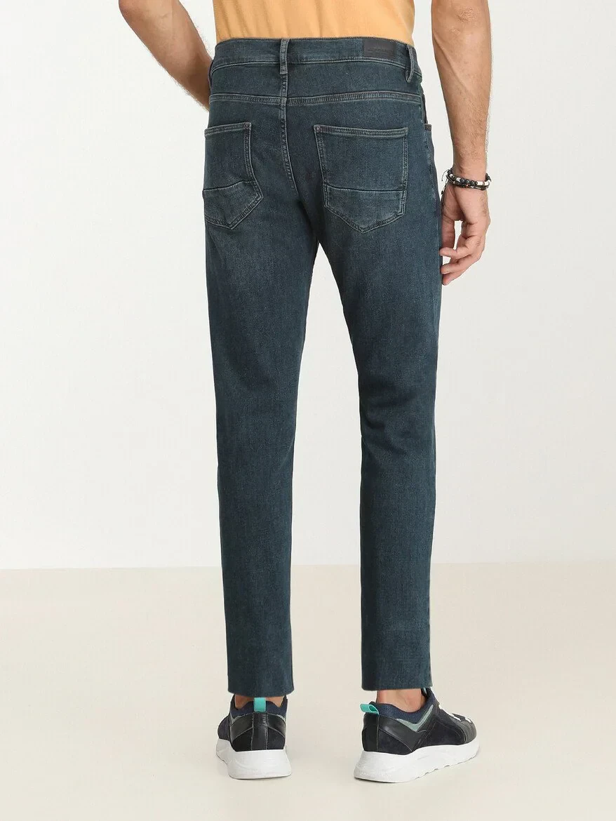 Navy Blue Slim Fit Denim Cotton Blended Trousers - 4
