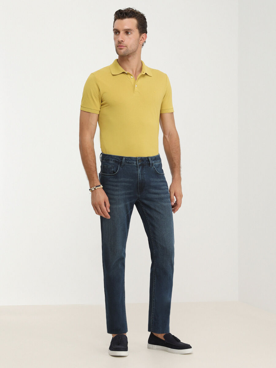 Navy Blue Slim Fit Denim Cotton Blended Trousers - 2