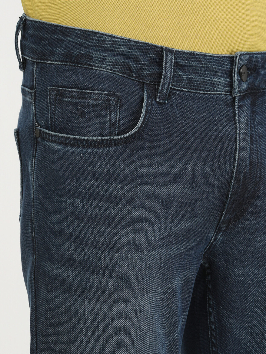 Navy Blue Slim Fit Denim Cotton Blended Trousers - 3