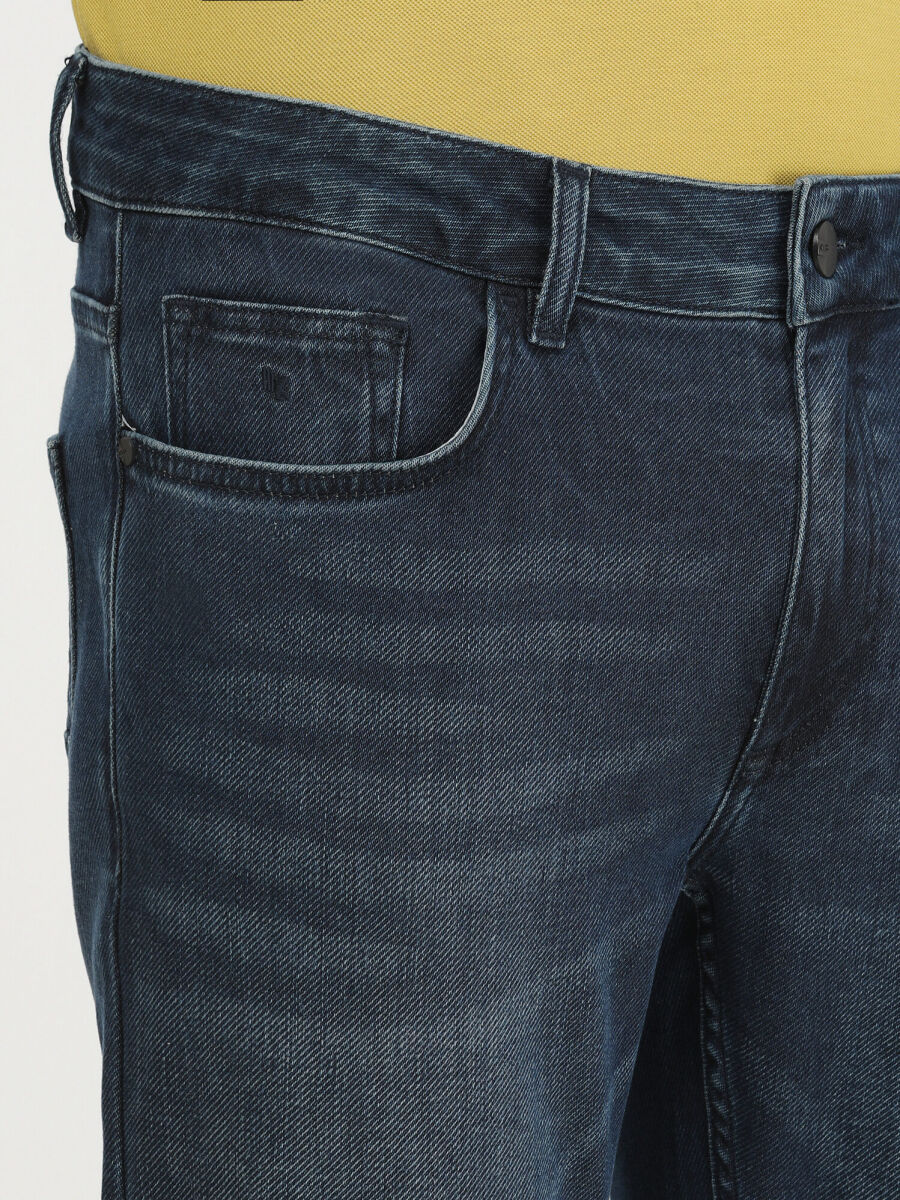 Navy Blue Slim Fit Denim Cotton Blended Trousers - 3