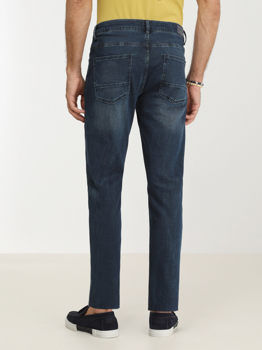Navy Blue Slim Fit Denim Cotton Blended Trousers - 4
