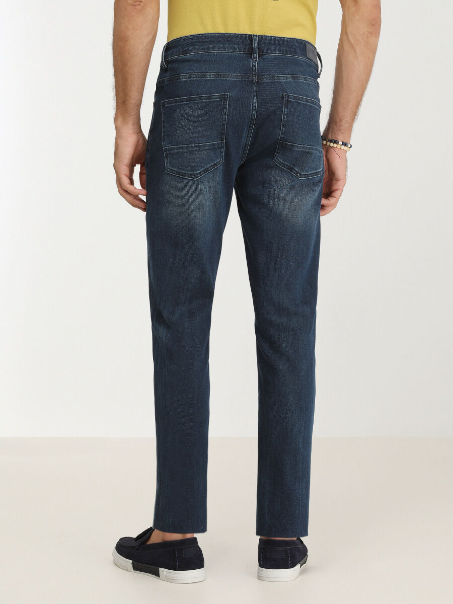 Navy Blue Slim Fit Denim Cotton Blended Trousers - 4