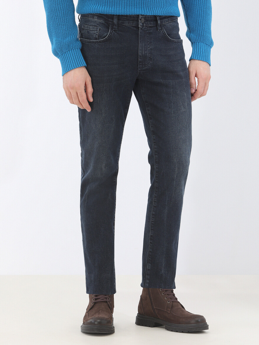 Navy Blue Slim Fit Denim Cotton Blended Trousers - 1