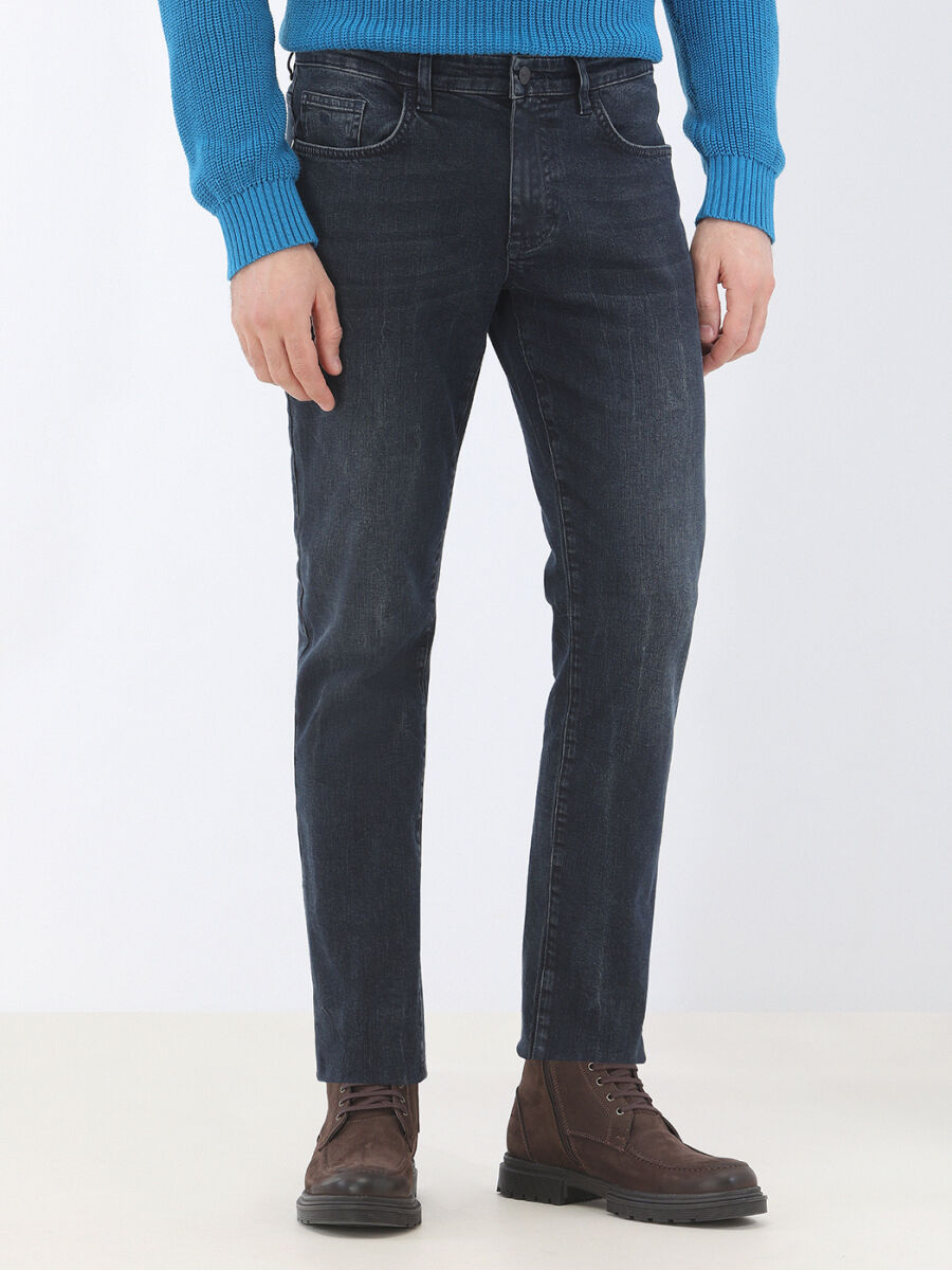 Navy Blue Slim Fit Denim Cotton Blended Trousers - 1