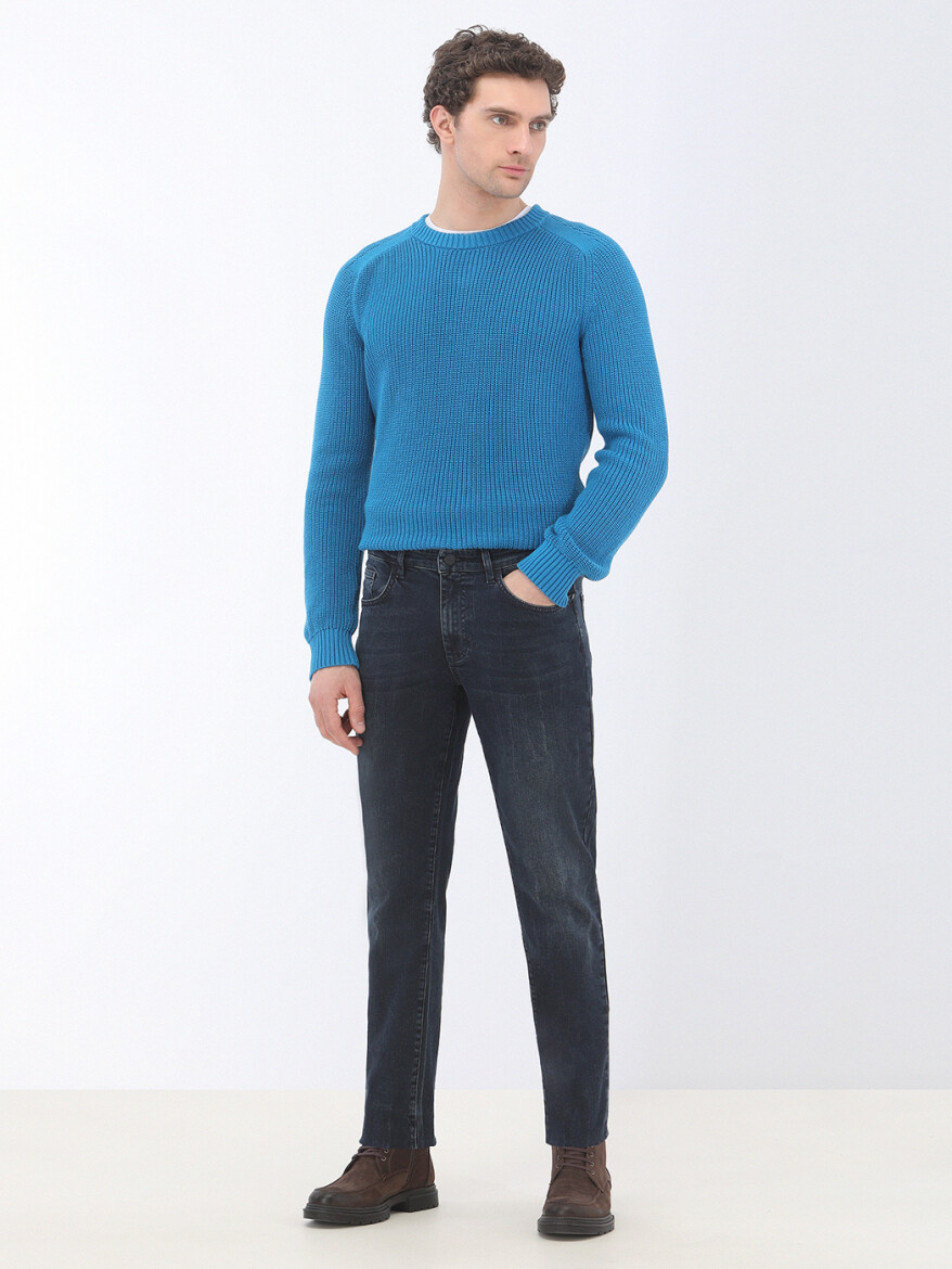 Navy Blue Slim Fit Denim Cotton Blended Trousers - 2