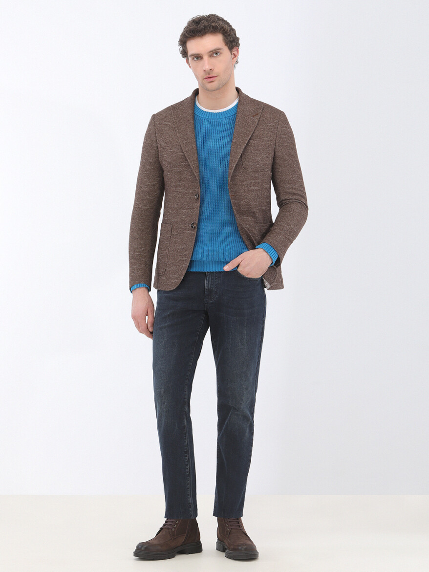 Navy Blue Slim Fit Denim Cotton Blended Trousers - 3